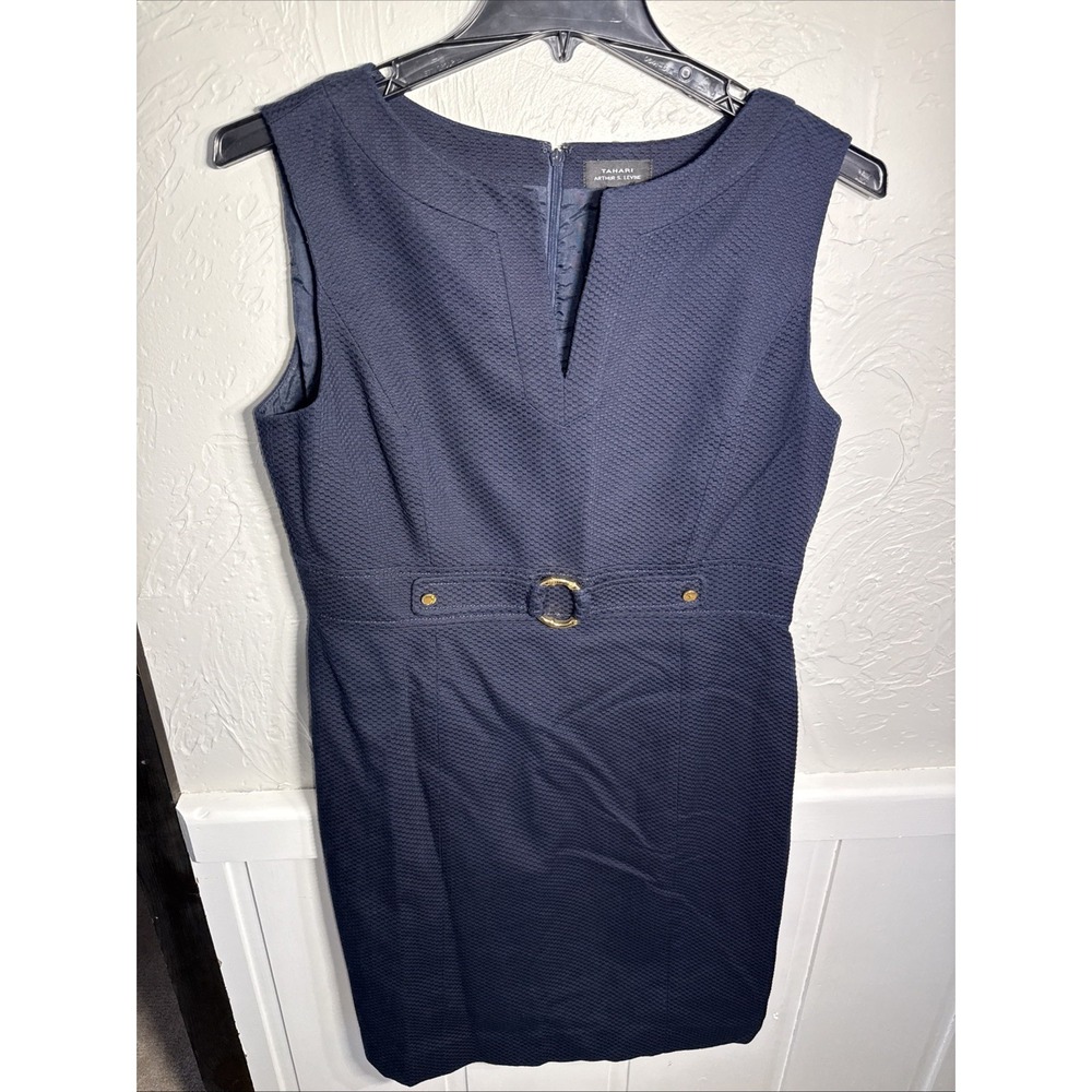 Tahari Arthur S. Levine Sleeveless Sheath Dress Navy Blue WMNS 14 Textured Woven
